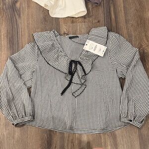 Zara Black and White Gingham Ruffle Collar Tie-Front Blouse